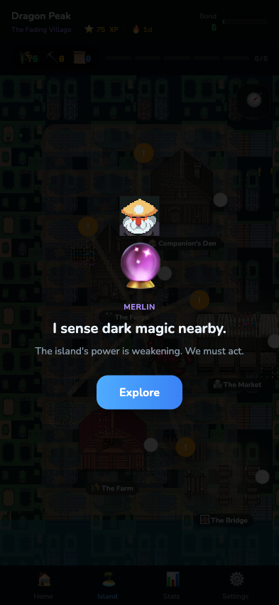 Tablero de la isla con zonas, compa&ntilde;eros y Merl&iacute;n el mago tutor